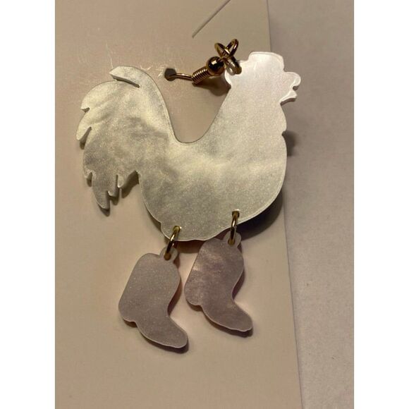 Rooster Earrings Spotted Chicken Dangle Hot Pink Cowboy Boots Quirky Western - Picture 3 of 7